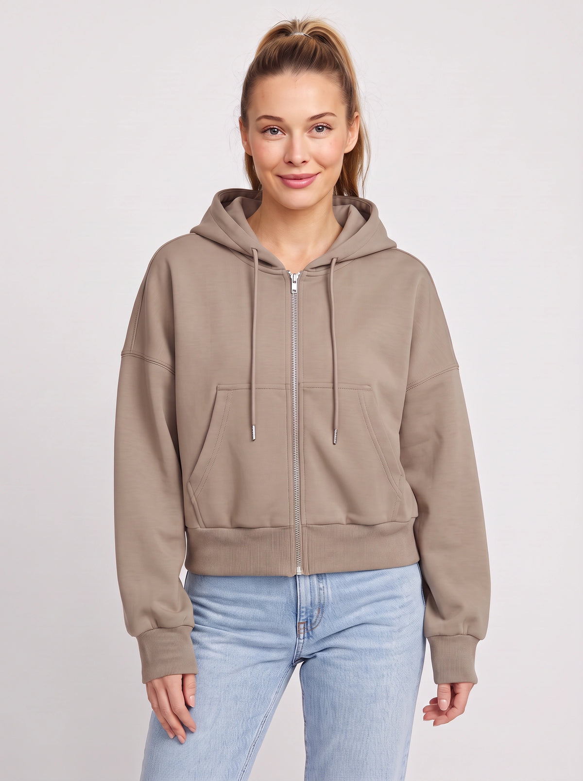 Ribcara Oversized Cropped Zip Hoodie – Women Relaxed Fit Casual Streetwear Drawstring Hooded Jacket
