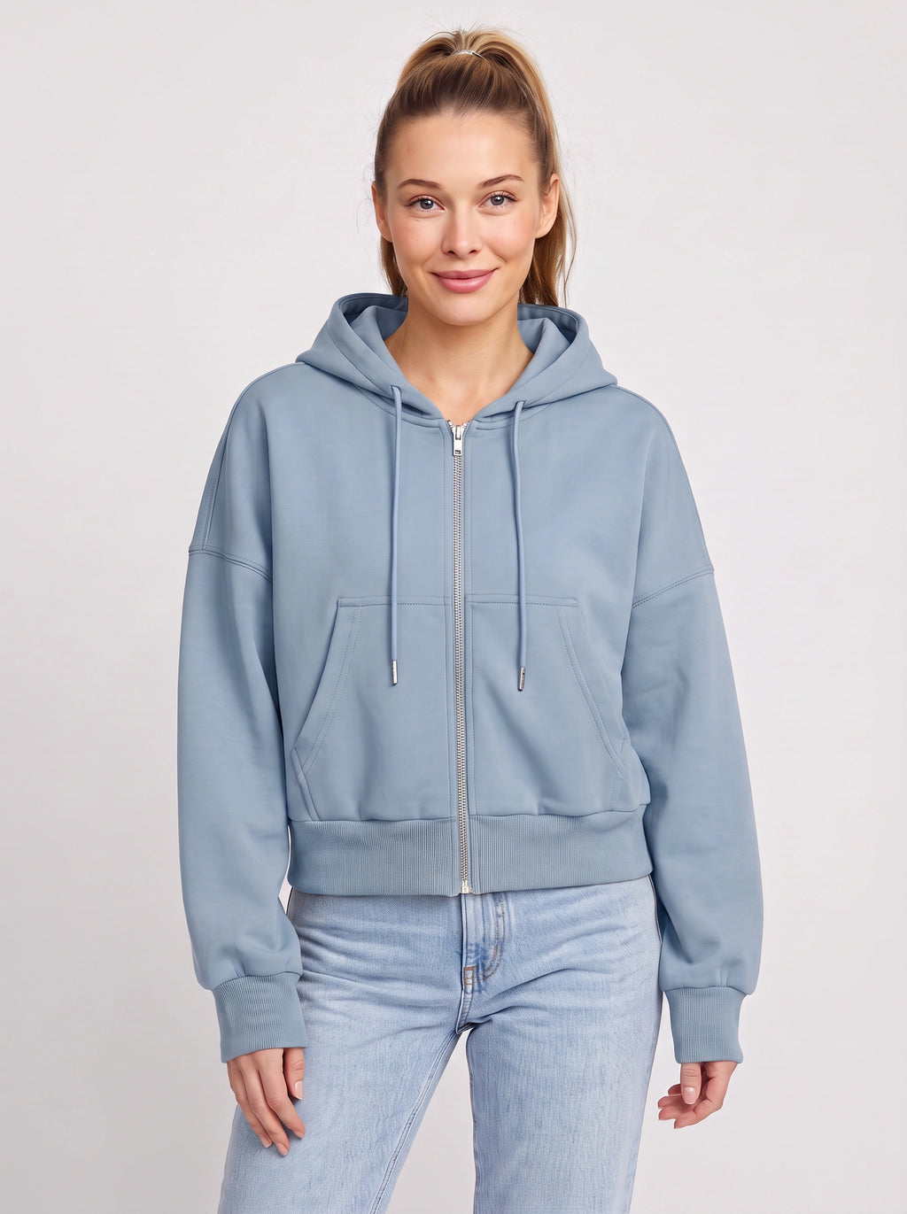 Ribcara Oversized Cropped Zip Hoodie – Women Relaxed Fit Casual Streetwear Drawstring Hooded Jacket
