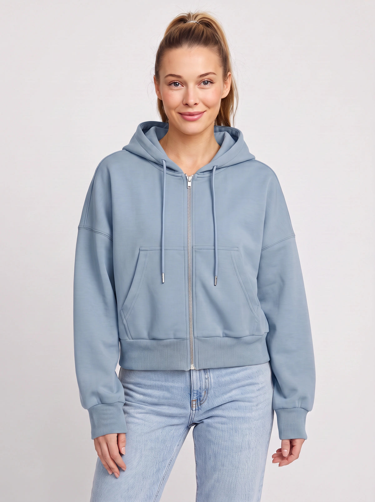 Ribcara Oversized Cropped Zip Hoodie – Women Relaxed Fit Casual Streetwear Drawstring Hooded Jacket