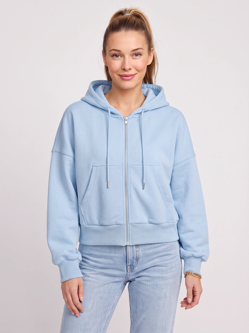 Ribcara Oversized Cropped Zip Hoodie – Women Relaxed Fit Casual Streetwear Drawstring Hooded Jacket