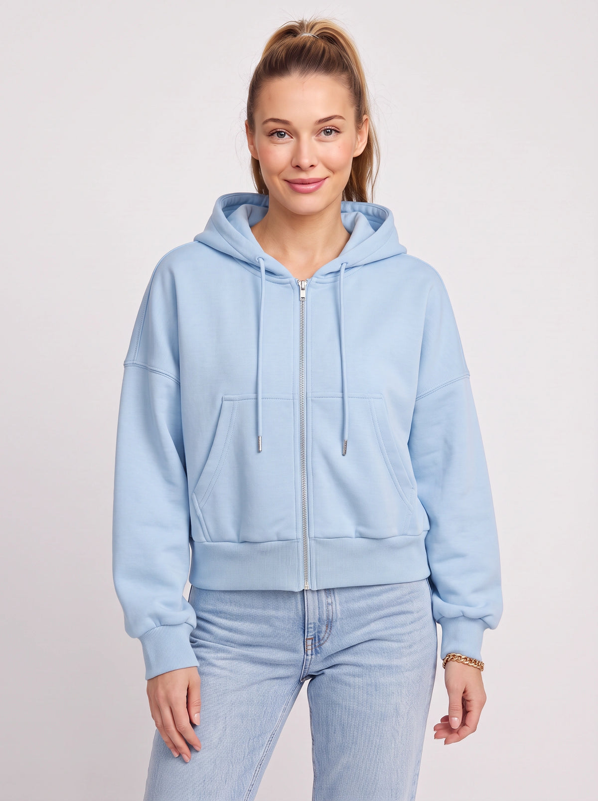 Ribcara Oversized Cropped Zip Hoodie – Women Relaxed Fit Casual Streetwear Drawstring Hooded Jacket
