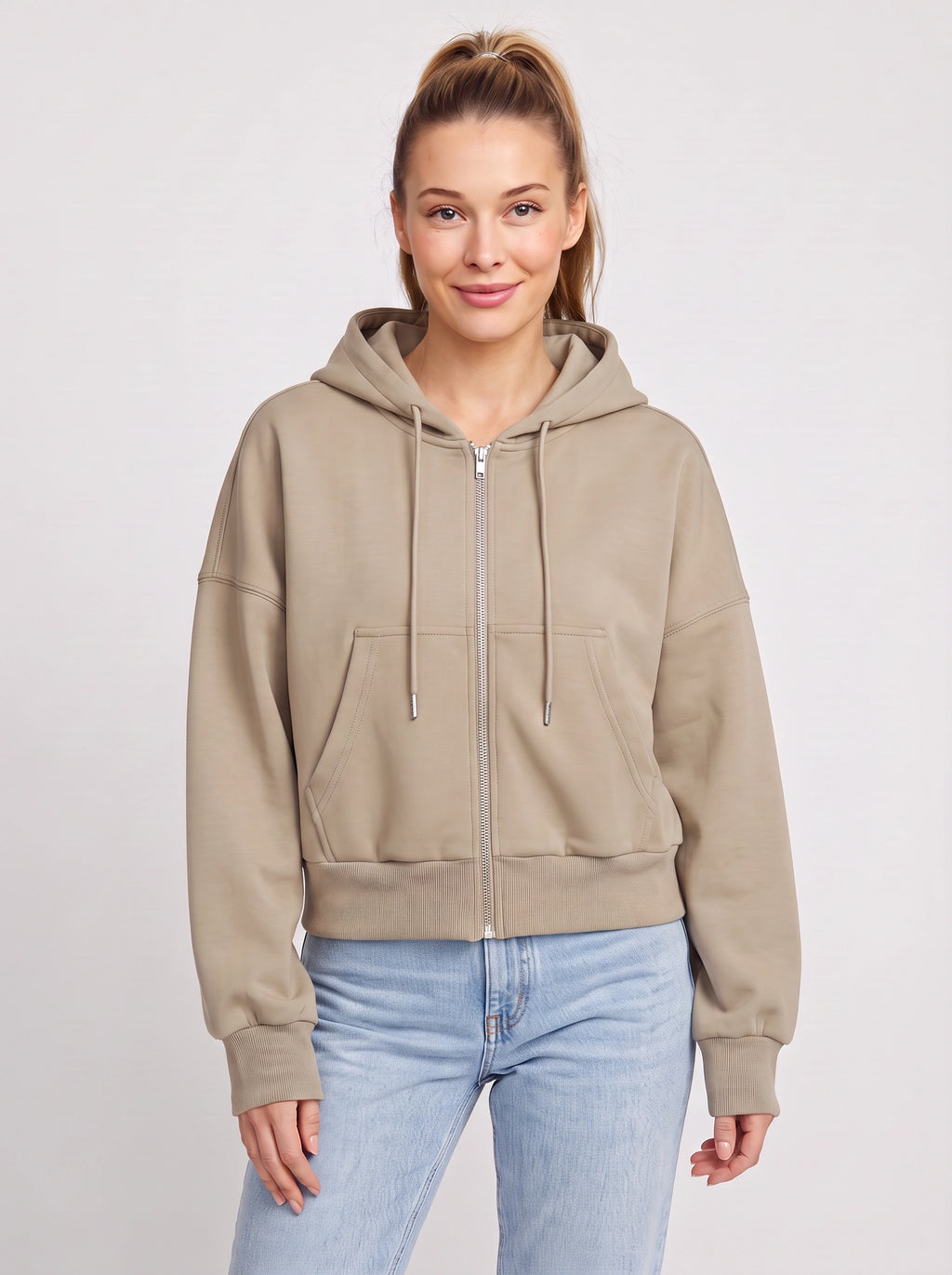 Ribcara Oversized Cropped Zip Hoodie – Women Relaxed Fit Casual Streetwear Drawstring Hooded Jacket