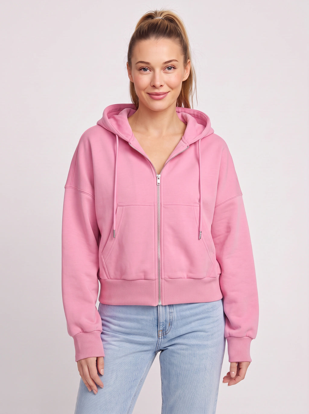 Ribcara Oversized Cropped Zip Hoodie – Women Relaxed Fit Casual Streetwear Drawstring Hooded Jacket
