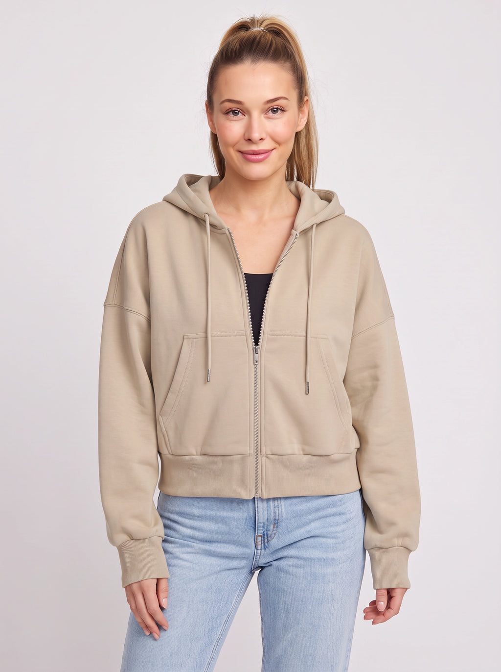 Ribcara Oversized Cropped Zip Hoodie – Women Relaxed Fit Casual Streetwear Drawstring Hooded Jacket