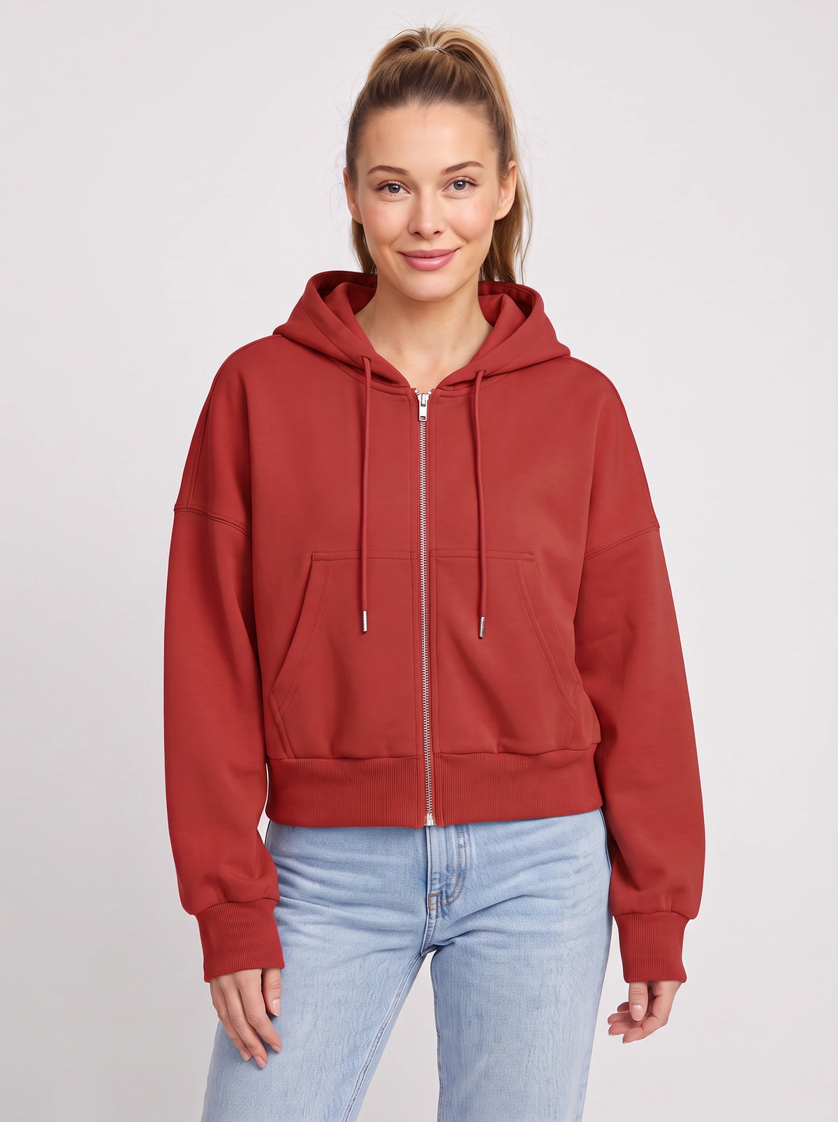 Ribcara Oversized Cropped Zip Hoodie – Women Relaxed Fit Casual Streetwear Drawstring Hooded Jacket