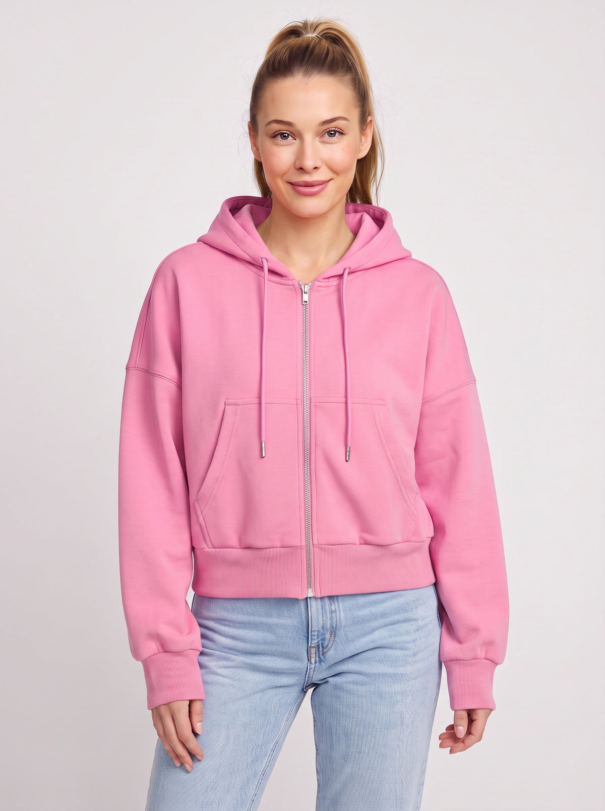 Ribcara Oversized Cropped Zip Hoodie – Women Relaxed Fit Casual Streetwear Drawstring Hooded Jacket