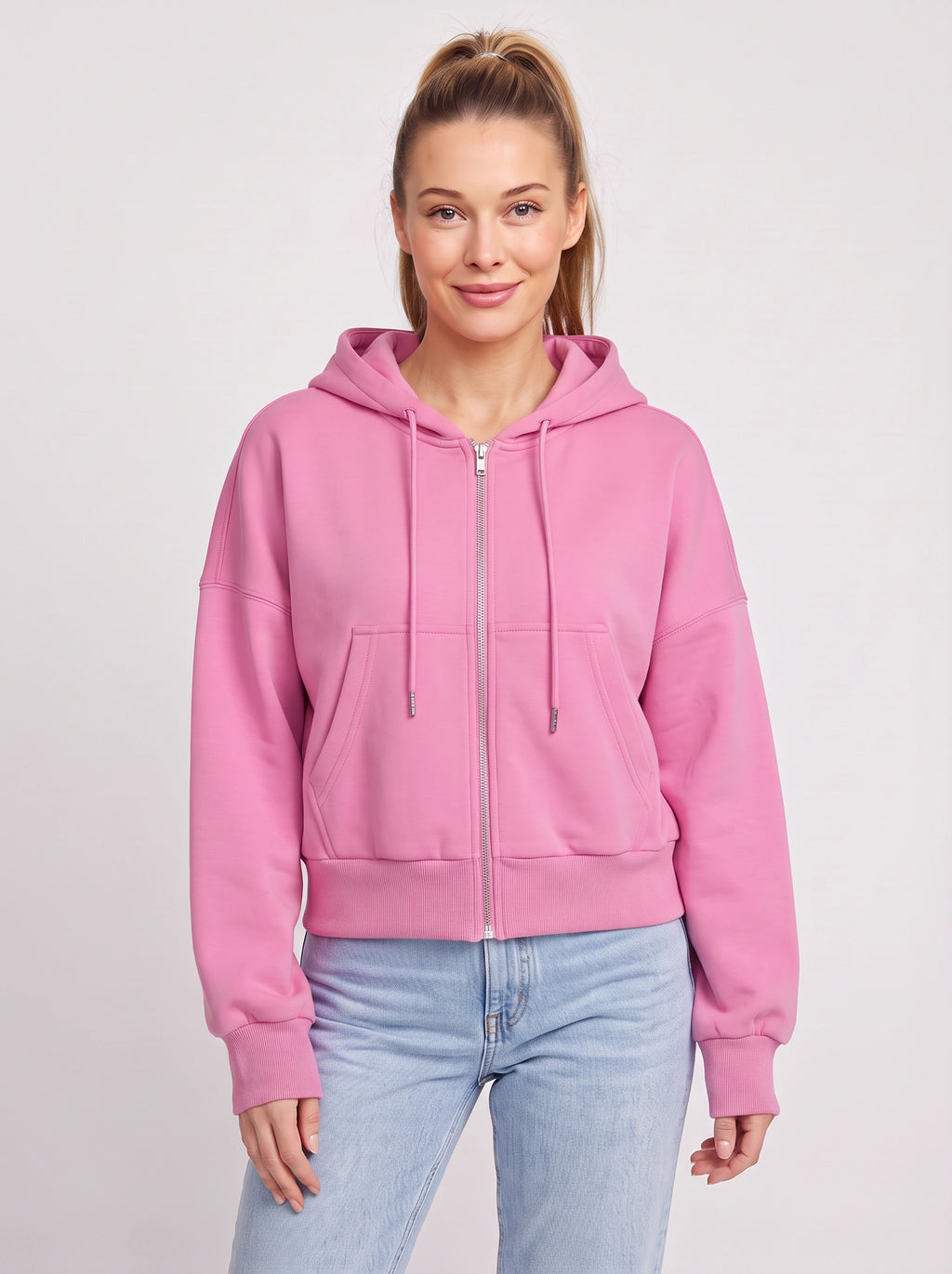 Ribcara Oversized Cropped Zip Hoodie – Women Relaxed Fit Casual Streetwear Drawstring Hooded Jacket