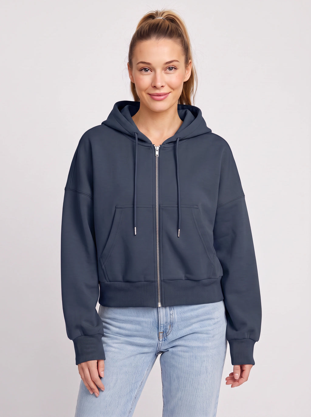 Ribcara Oversized Cropped Zip Hoodie – Women Relaxed Fit Casual Streetwear Drawstring Hooded Jacket