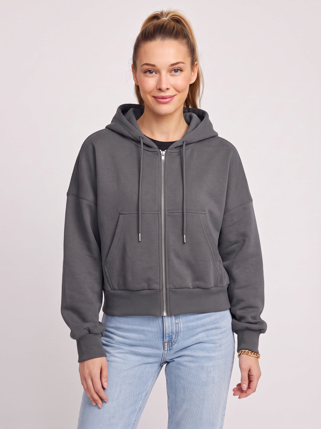 Ribcara Oversized Cropped Zip Hoodie – Women Relaxed Fit Casual Streetwear Drawstring Hooded Jacket