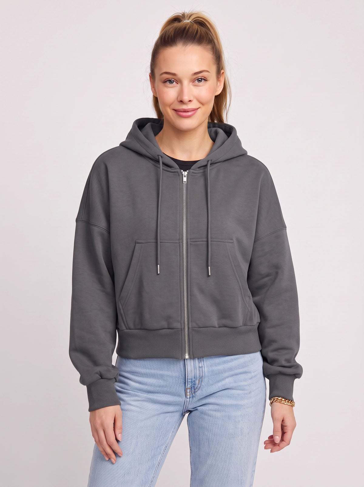 Ribcara Oversized Cropped Zip Hoodie – Women Relaxed Fit Casual Streetwear Drawstring Hooded Jacket