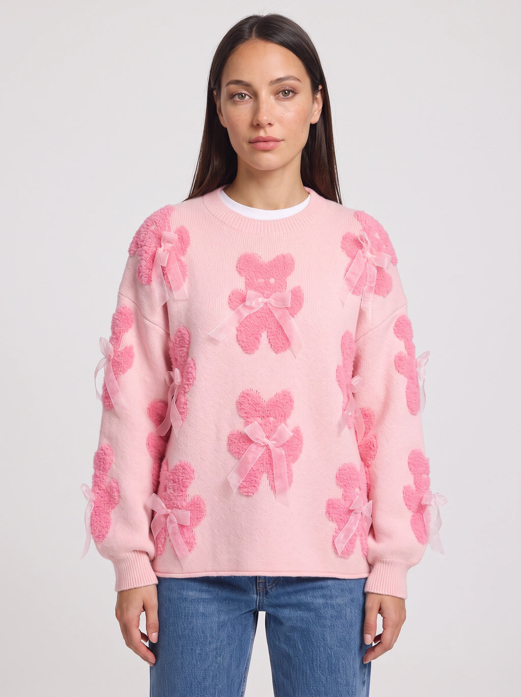 Teddow Appliqué Oversized Jumper – Teddy Bear Knitted Sweater Women Fluffy Casual Autumn Knitwear