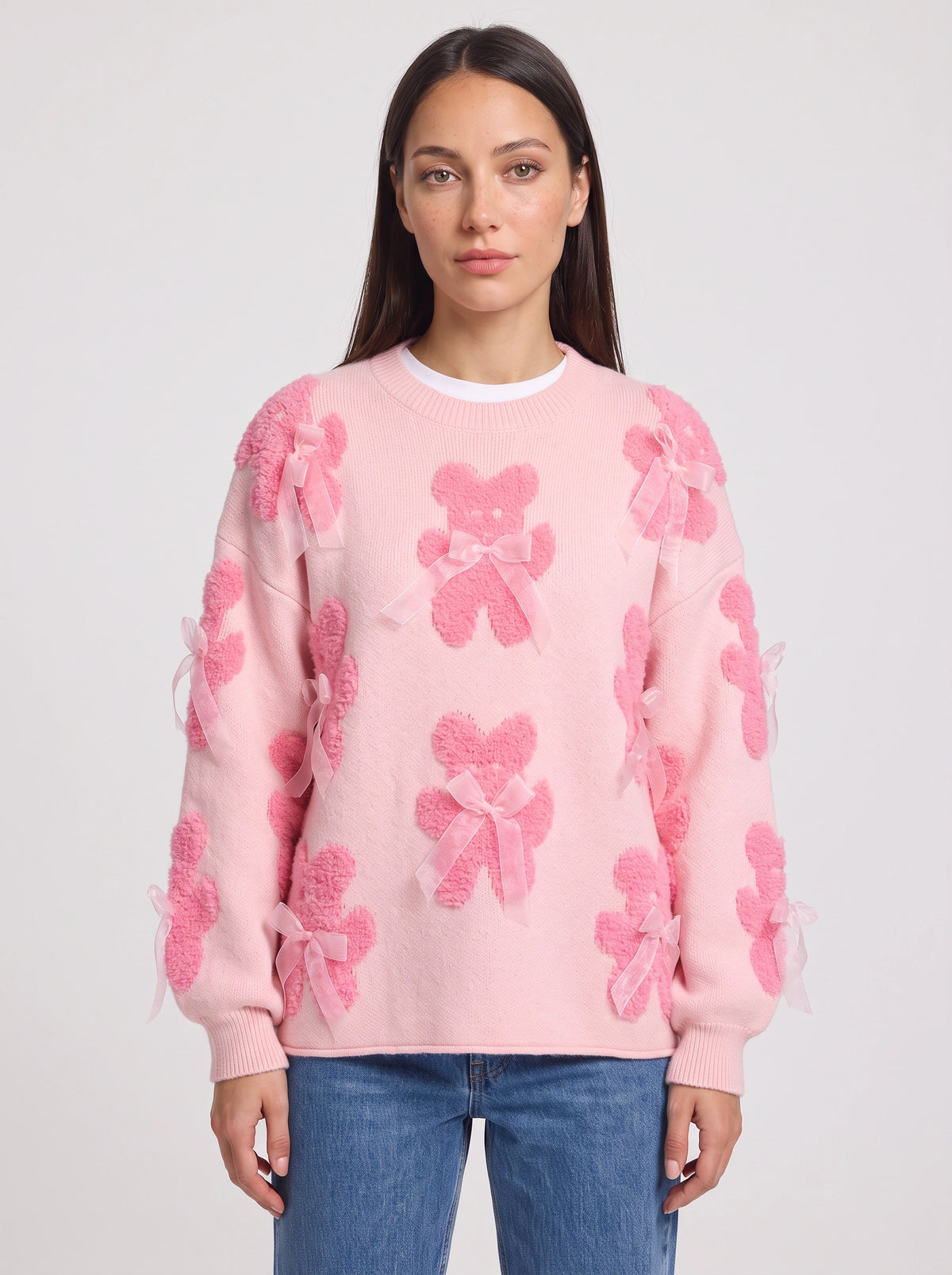Teddow Appliqué Oversized Jumper – Teddy Bear Knitted Sweater Women Fluffy Casual Autumn Knitwear