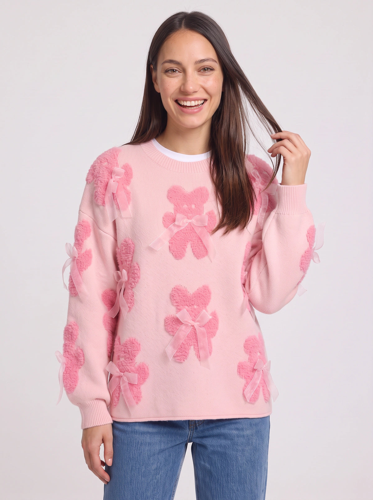 Teddow Appliqué Oversized Jumper – Teddy Bear Knitted Sweater Women Fluffy Casual Autumn Knitwear