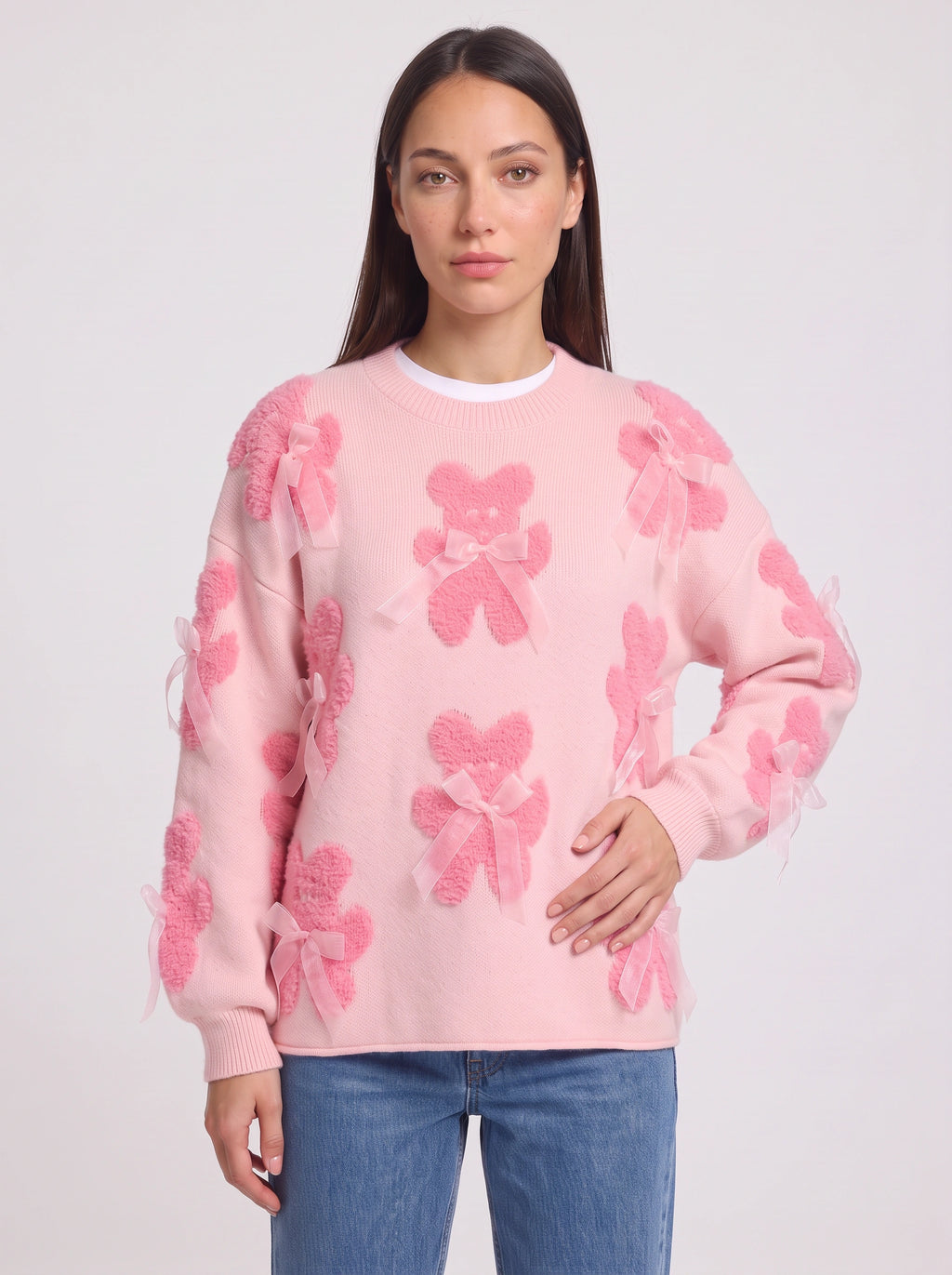 Teddow Appliqué Oversized Jumper – Teddy Bear Knitted Sweater Women Fluffy Casual Autumn Knitwear