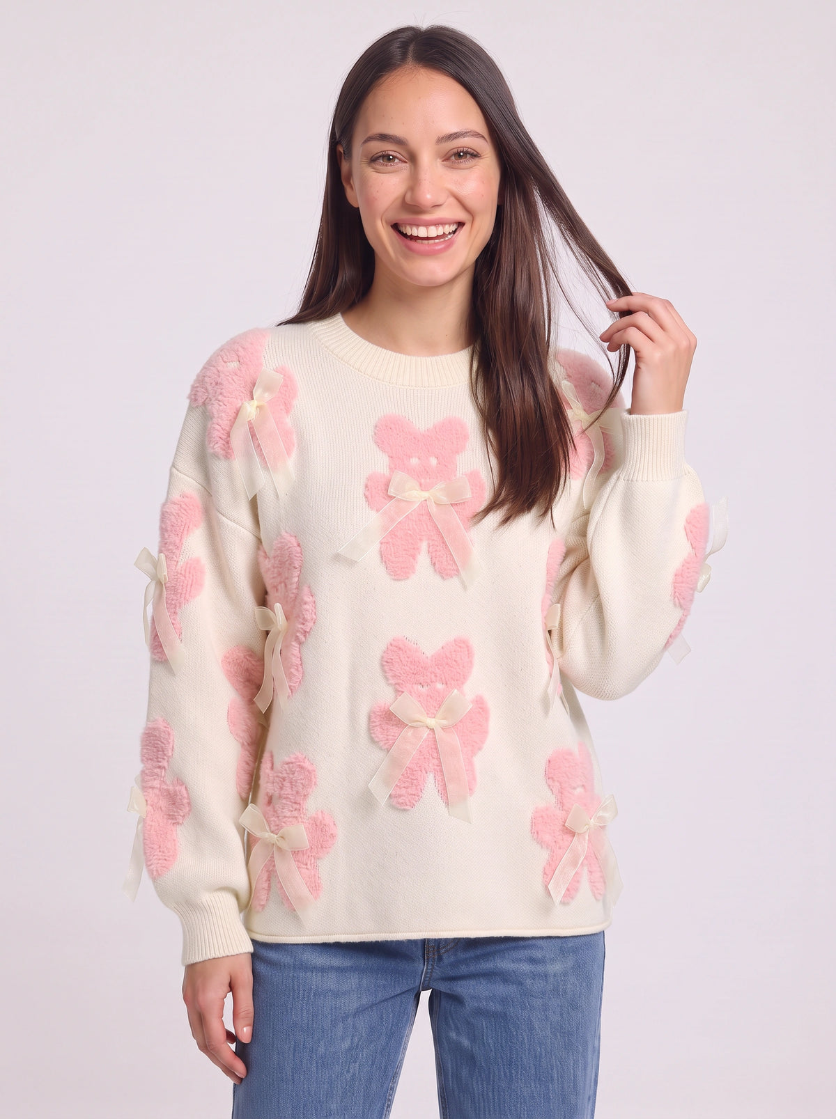 Teddow Appliqué Oversized Jumper – Teddy Bear Knitted Sweater Women Fluffy Casual Autumn Knitwear