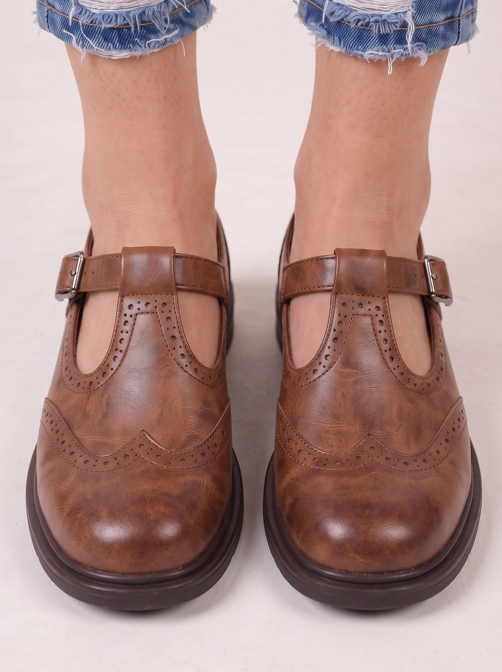 Punchette T-Strap Mary Jane Brogue Shoes – Women Closed Toe Casual Office Vintage Retro Buckle Flat Shoes