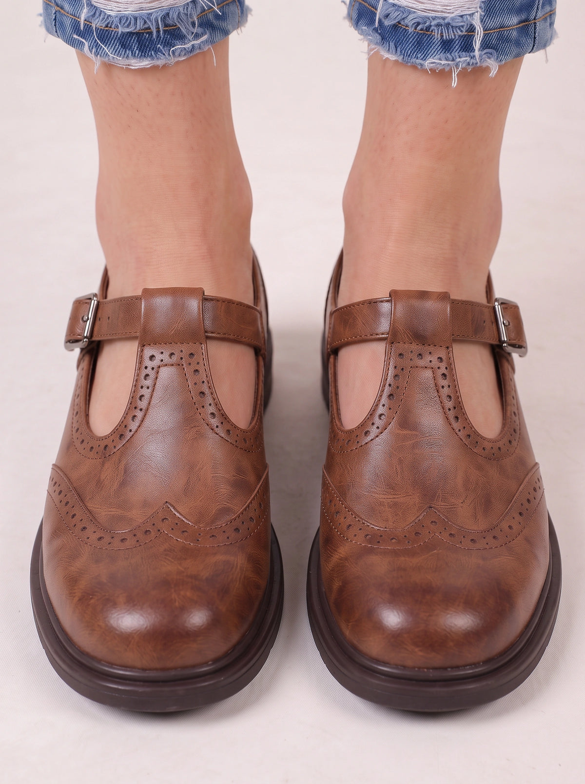 Punchette T-Strap Mary Jane Brogue Shoes – Women Closed Toe Casual Office Vintage Retro Buckle Flat Shoes