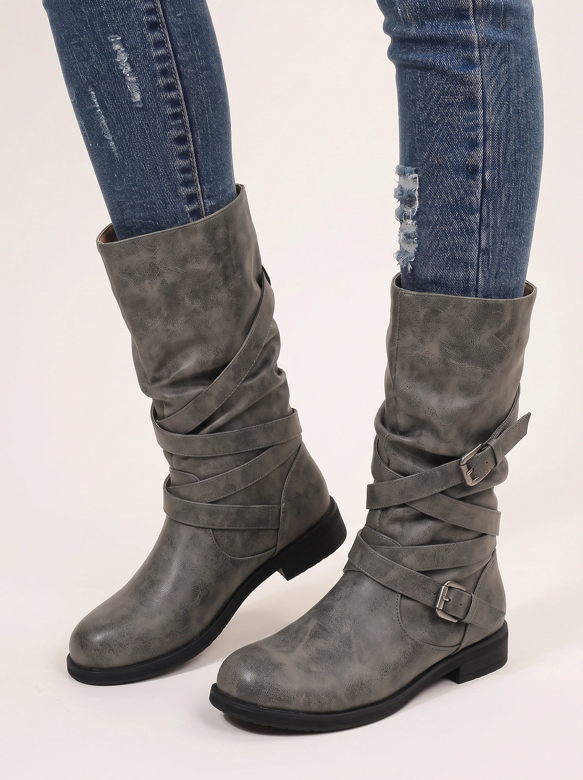 Cryswrap Buckle Strap Knee-High Boots – Suede Knee High Boots Women Casual Autumn Winter Ladies Biker Boots
