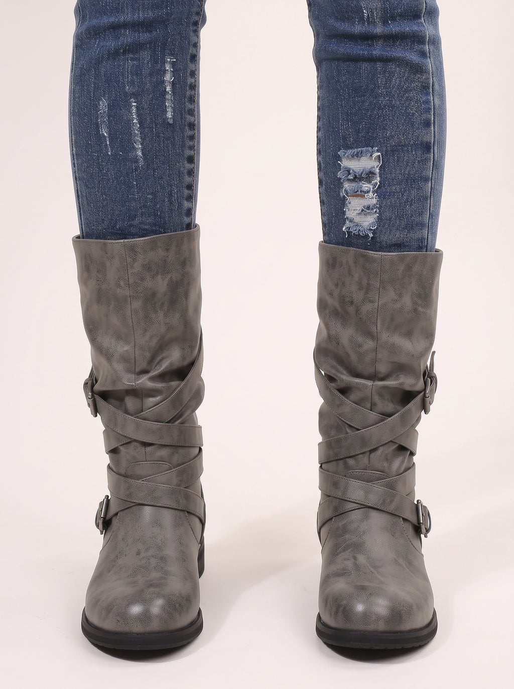 Cryswrap Buckle Strap Knee-High Boots – Suede Knee High Boots Women Casual Autumn Winter Ladies Biker Boots