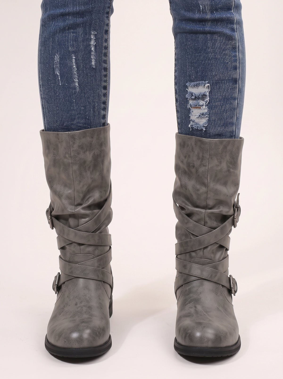 Cryswrap Buckle Strap Knee-High Boots – Suede Knee High Boots Women Casual Autumn Winter Ladies Biker Boots