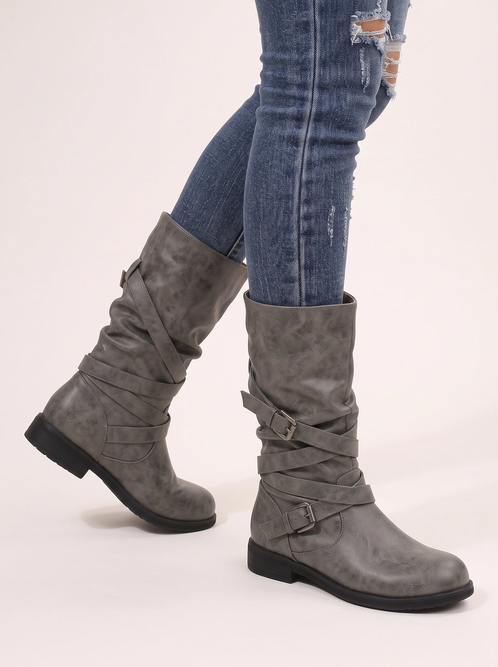 Cryswrap Buckle Strap Knee-High Boots – Suede Knee High Boots Women Casual Autumn Winter Ladies Biker Boots