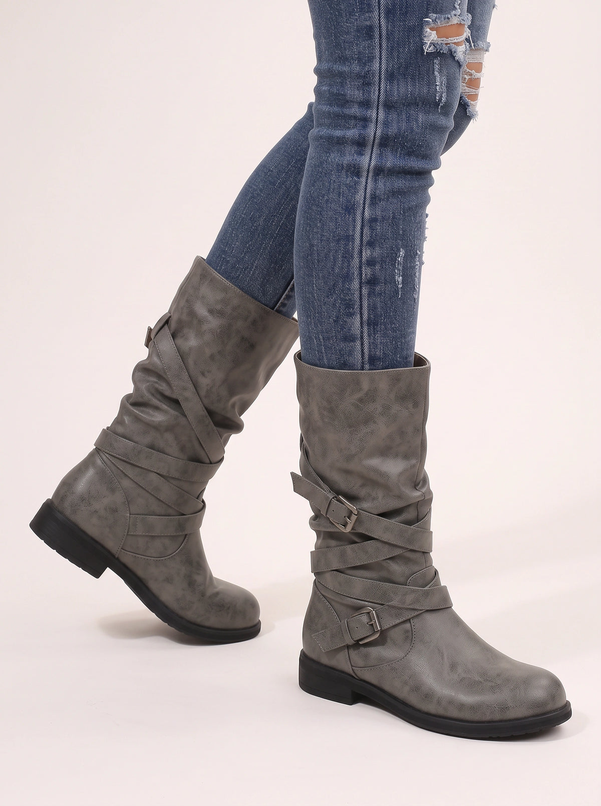 Cryswrap Buckle Strap Knee-High Boots – Suede Knee High Boots Women Casual Autumn Winter Ladies Biker Boots