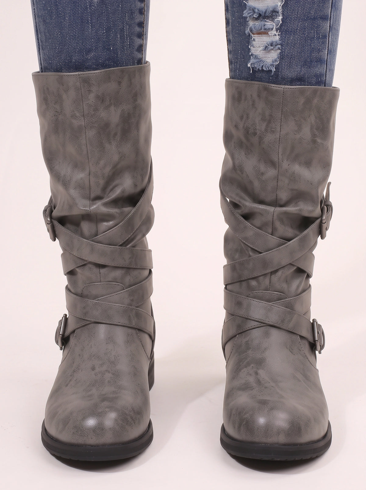Cryswrap Buckle Strap Knee-High Boots – Suede Knee High Boots Women Casual Autumn Winter Ladies Biker Boots