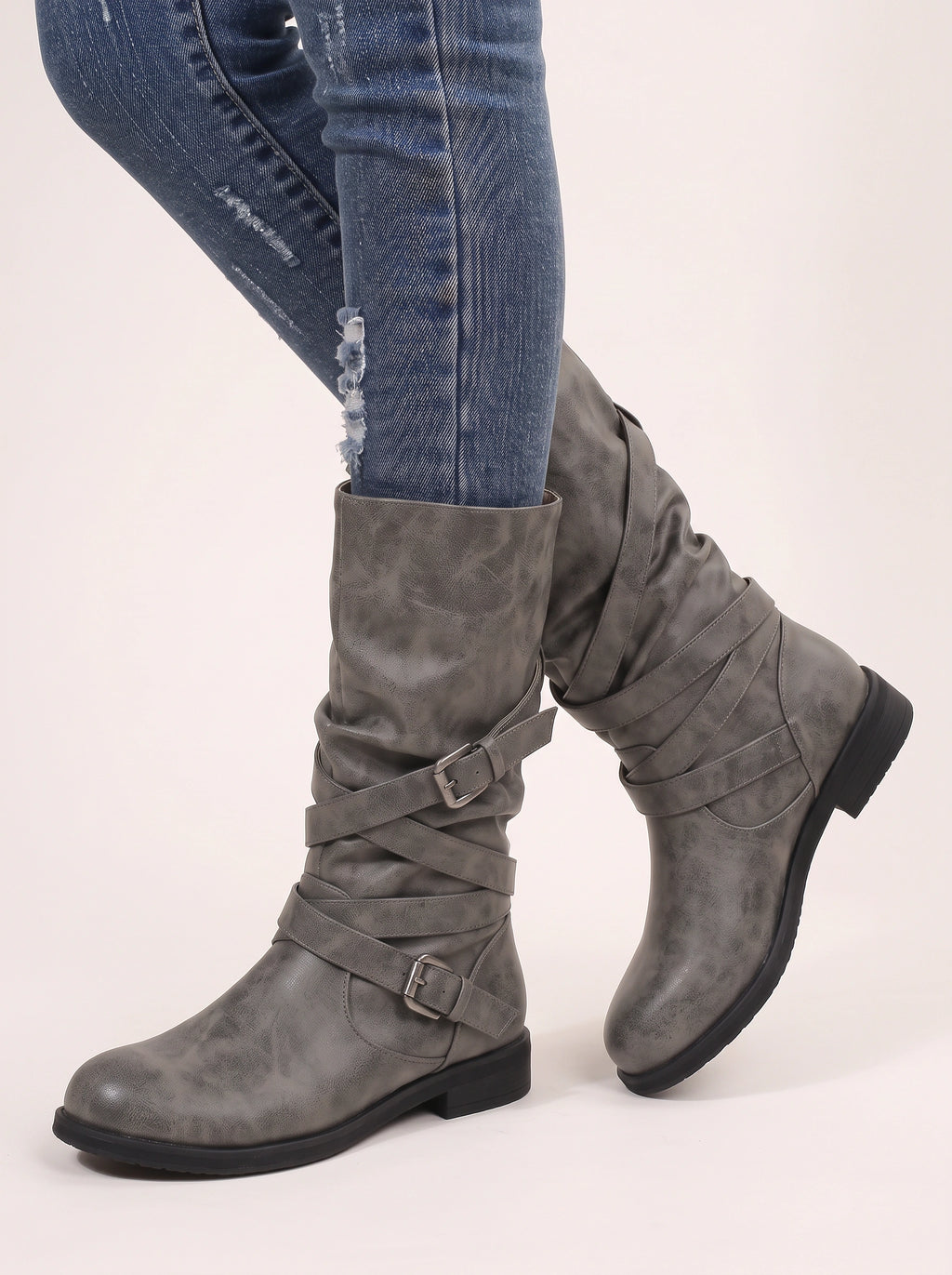 Cryswrap Buckle Strap Knee-High Boots – Suede Knee High Boots Women Casual Autumn Winter Ladies Biker Boots