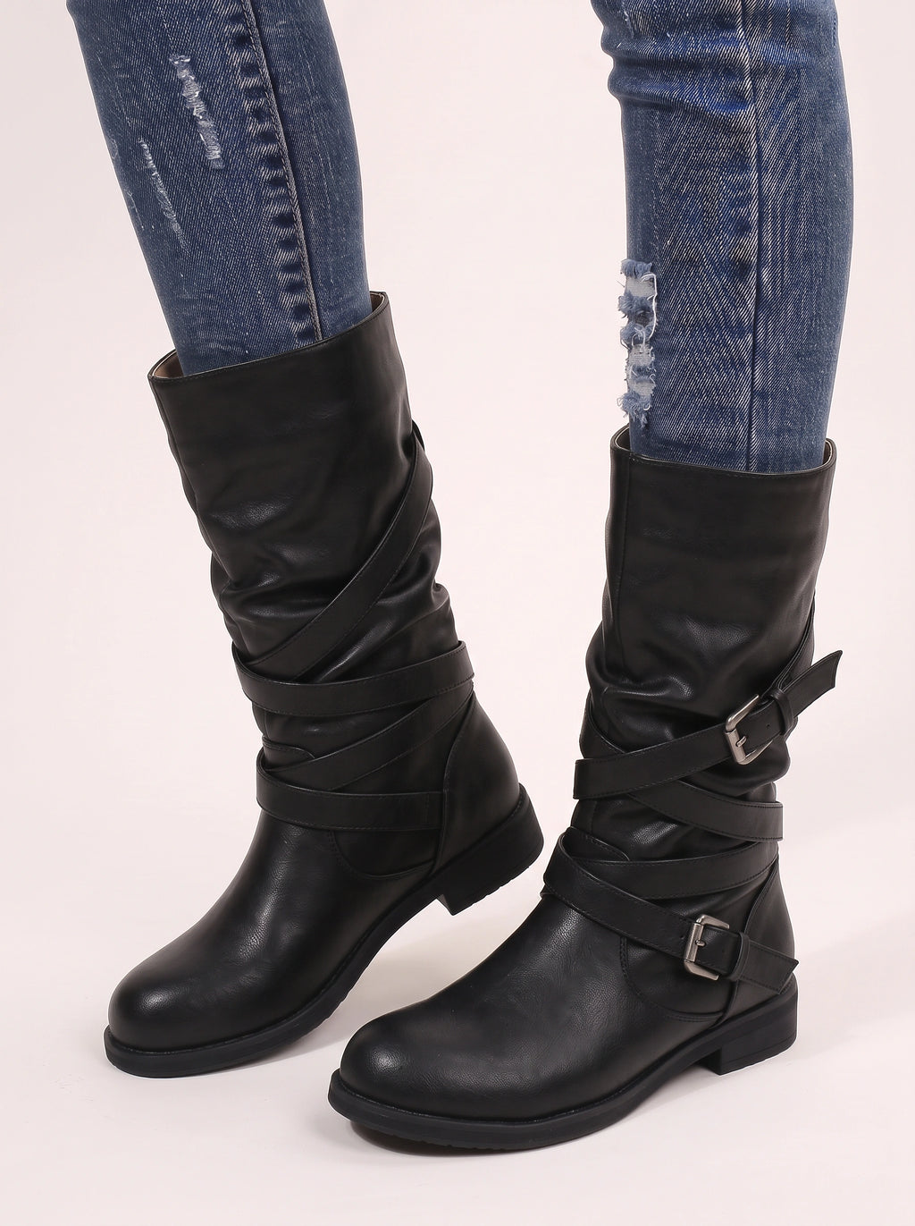 Cryswrap Buckle Strap Knee-High Boots – Suede Knee High Boots Women Casual Autumn Winter Ladies Biker Boots