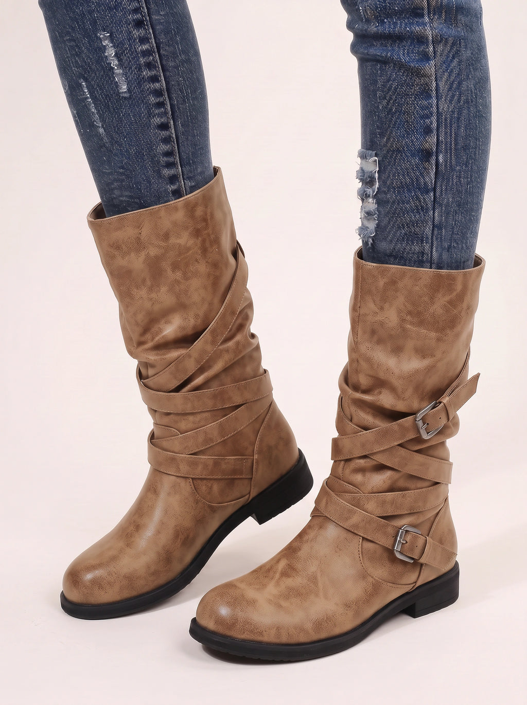 Cryswrap Buckle Strap Knee-High Boots – Suede Knee High Boots Women Casual Autumn Winter Ladies Biker Boots