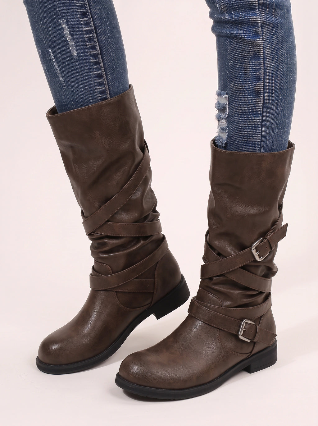 Cryswrap Buckle Strap Knee-High Boots – Suede Knee High Boots Women Casual Autumn Winter Ladies Biker Boots