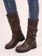 Cryswrap Buckle Strap Knee-High Boots – Suede Knee High Boots Women Casual Autumn Winter Ladies Biker Boots