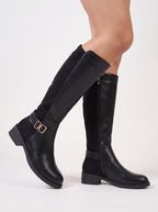 Bukwrae Knee-High Buckle Boots – Women Knee High Boots Ladies Leather Riding Biker Flat Heel Boots