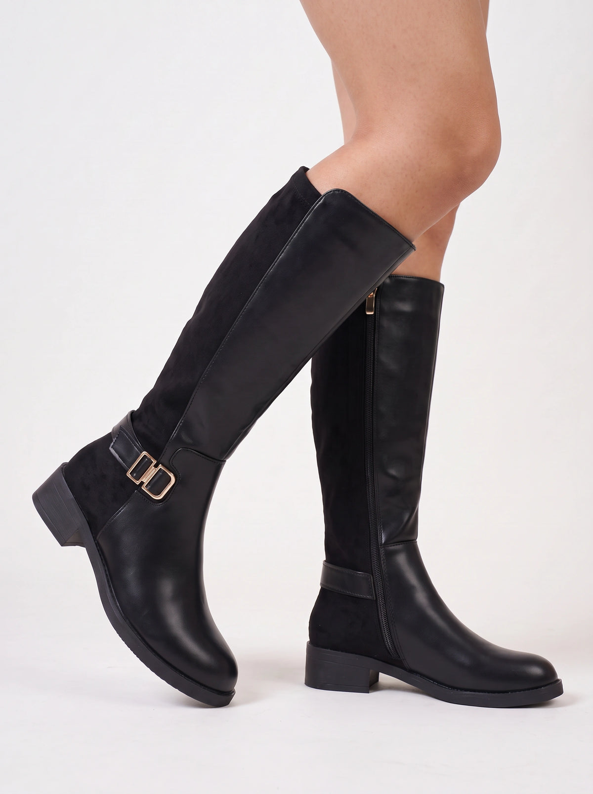 Bukwrae Knee-High Buckle Boots – Women Knee High Boots Ladies Leather Riding Biker Flat Heel Boots