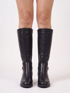 Bukwrae Knee-High Buckle Boots – Women Knee High Boots Ladies Leather Riding Biker Flat Heel Boots