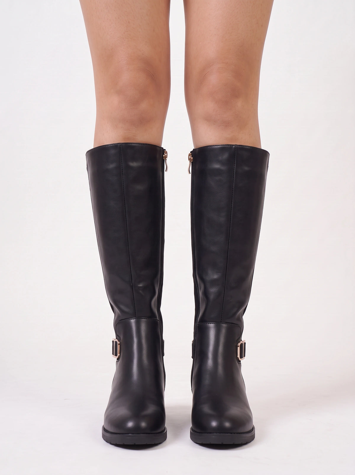 Bukwrae Knee-High Buckle Boots – Women Knee High Boots Ladies Leather Riding Biker Flat Heel Boots