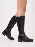Bukwrae Knee-High Buckle Boots – Women Knee High Boots Ladies Leather Riding Biker Flat Heel Boots