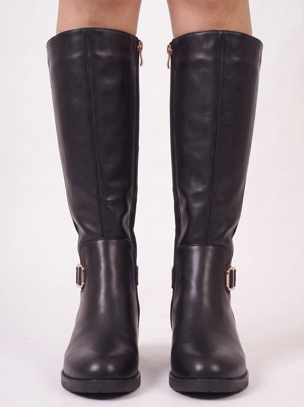 Bukwrae Knee-High Buckle Boots – Women Knee High Boots Ladies Leather Riding Biker Flat Heel Boots