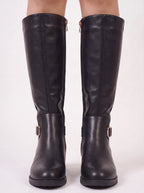 Bukwrae Knee-High Buckle Boots – Women Knee High Boots Ladies Leather Riding Biker Flat Heel Boots