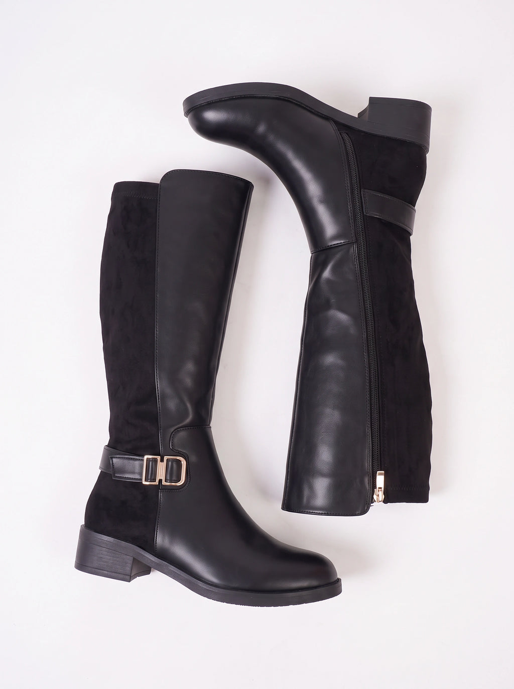 Bukwrae Knee-High Buckle Boots – Women Knee High Boots Ladies Leather Riding Biker Flat Heel Boots