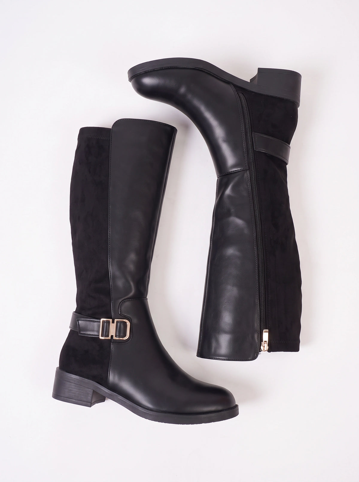 Bukwrae Knee-High Buckle Boots – Women Knee High Boots Ladies Leather Riding Biker Flat Heel Boots