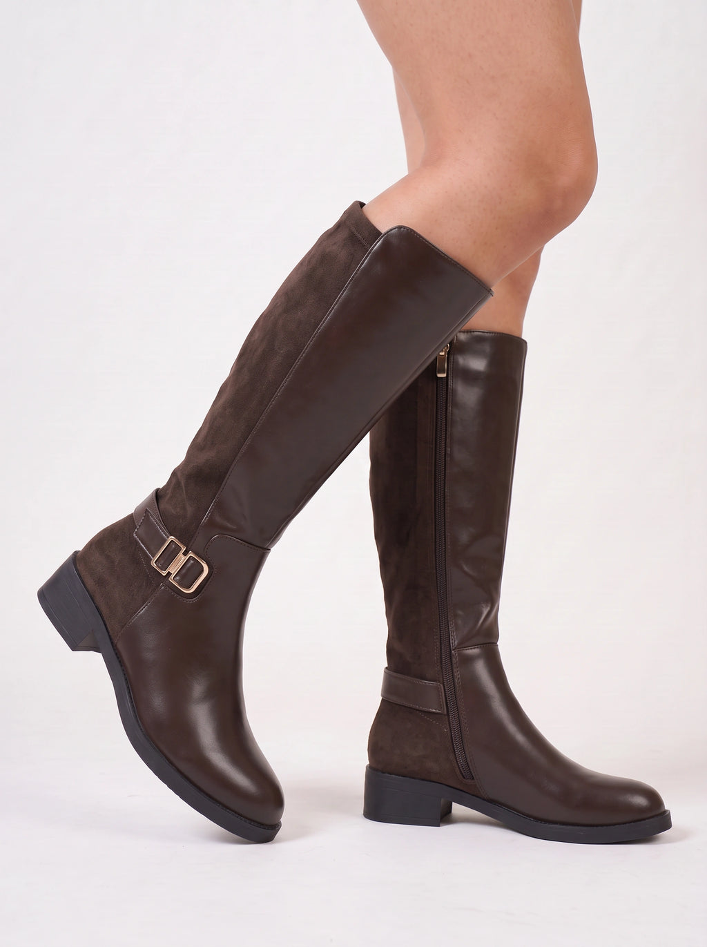 Bukwrae Knee-High Buckle Boots – Women Knee High Boots Ladies Leather Riding Biker Flat Heel Boots