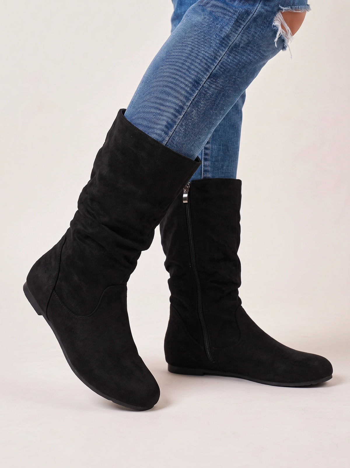 Sloforra Slouch Calf Boots – Women Casual Autumn Winter Low Heel Suede Mid Calf Boots