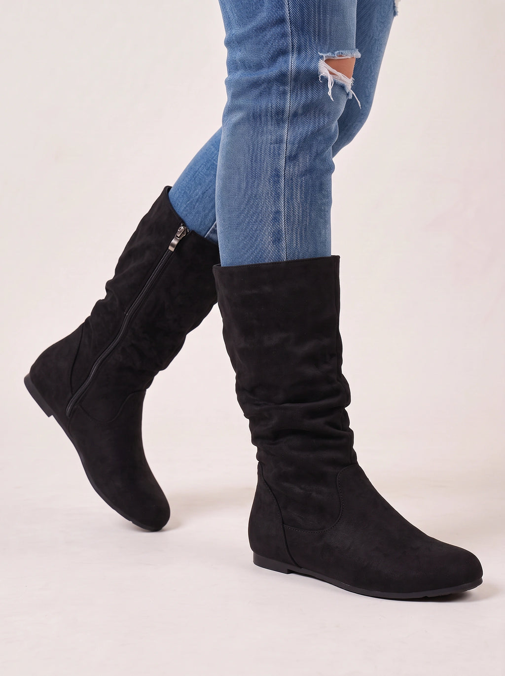 Sloforra Slouch Calf Boots – Women Casual Autumn Winter Low Heel Suede Mid Calf Boots