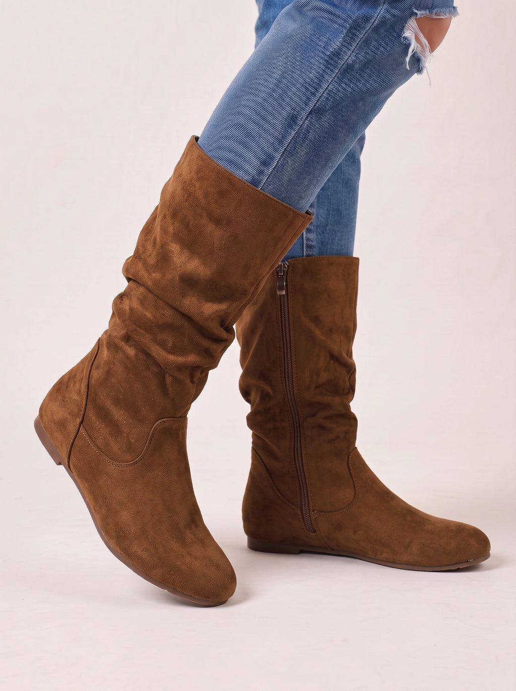 Sloforra Slouch Calf Boots – Women Casual Autumn Winter Low Heel Suede Mid Calf Boots