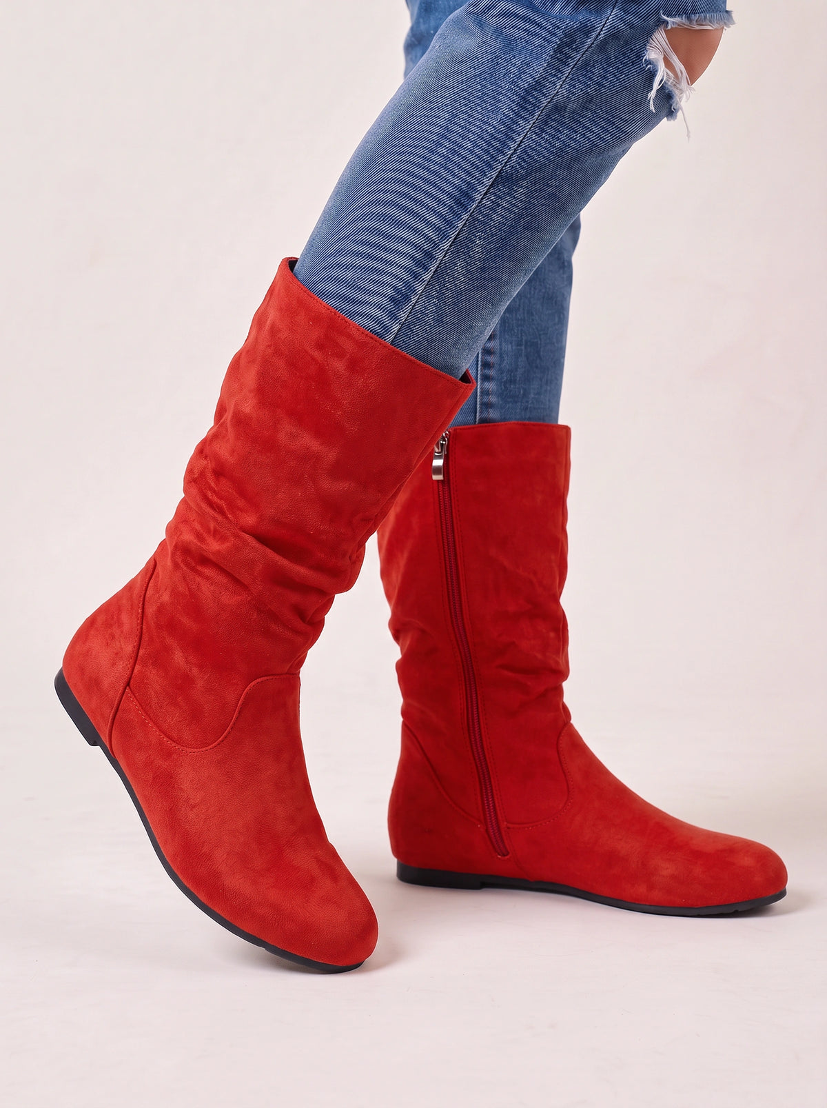 Sloforra Slouch Calf Boots – Women Casual Autumn Winter Low Heel Suede Mid Calf Boots