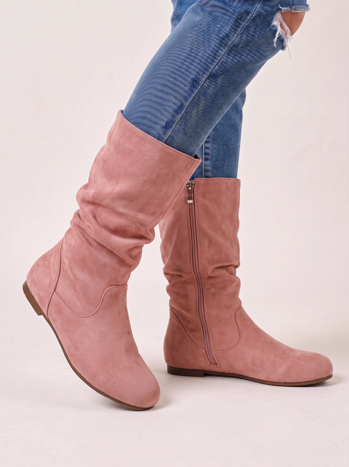 Sloforra Slouch Calf Boots – Women Casual Autumn Winter Low Heel Suede Mid Calf Boots