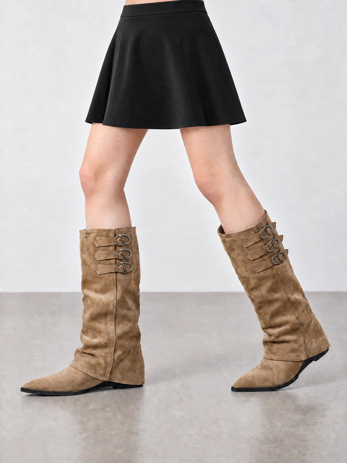 Buksta Triple Buckle Knee-High Boots – Suede Pointed Toe Women Autumn Winter Flat Knee Boots