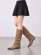 Buksta Triple Buckle Knee-High Boots – Suede Pointed Toe Women Autumn Winter Flat Knee Boots