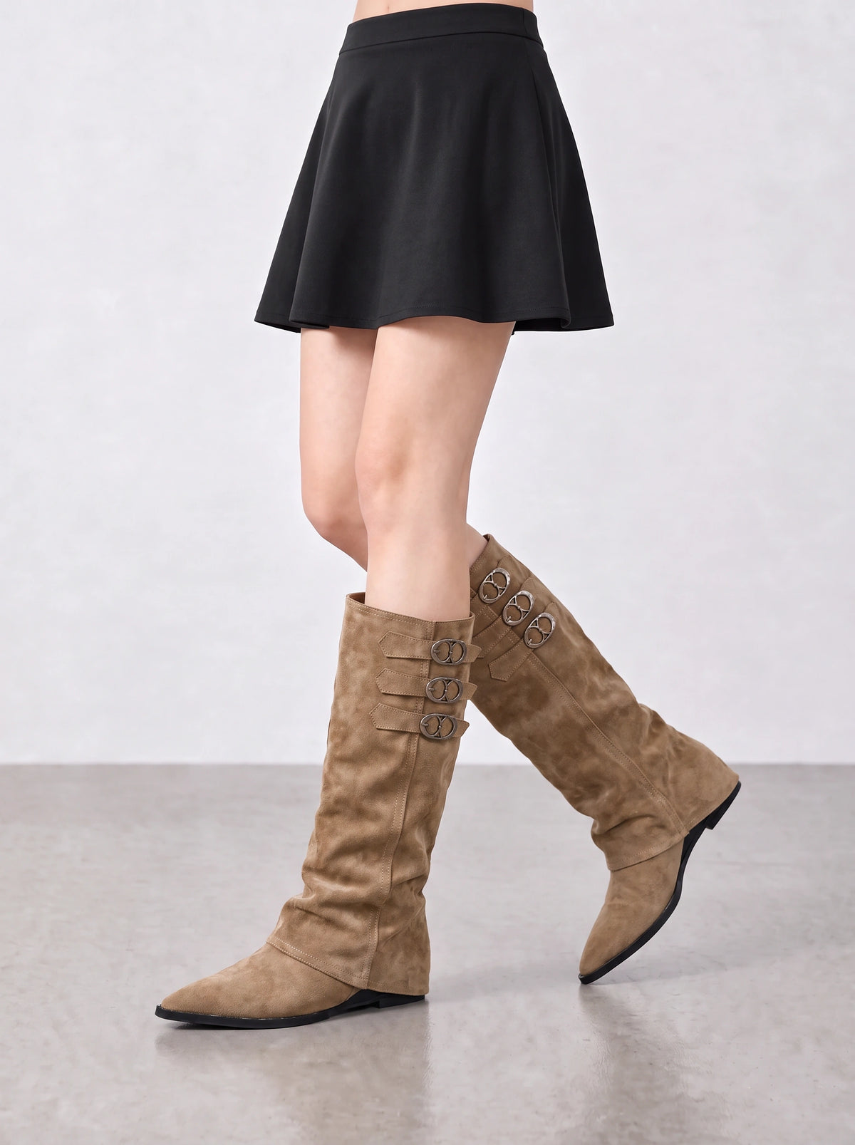 Buksta Triple Buckle Knee-High Boots – Suede Pointed Toe Women Autumn Winter Flat Knee Boots
